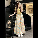 丹珠娜（DanZhuNa）小香风连衣裙套装女2026夏季新款法式温柔风甜美碎花长裙子两件套 黄色上衣+碎花长裙 裙长87cm S
