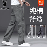 花花公子2026纯棉男士休闲裤春夏秋季新款宽松直筒青年工装耐磨阔腿长裤子 2223军绿色 100%棉【夏季薄款】 XL 适合140-160斤体重