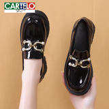卡帝乐鳄鱼（CARTELO）软皮厚底单鞋女2026新款套脚黑色牛皮英伦风小皮鞋百搭圆头乐福鞋 黑色水钻款 36