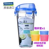 GLASSLOCK 韩国进口玻璃水杯加厚可爱情侣杯随手杯可爱透明茶杯 不带刻度钢化玻璃蓝色附杯套450ml