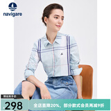 Navigare意大利小帆船女士长袖衬衫春秋季休闲格子衬衣莱赛尔高档寸衫 蔚蓝/白 XL