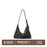 裘真【明星推荐】经典hobo包植鞣牛皮腋下通勤休闲饺子女包 黑色-大号 小包/大包
