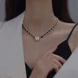 铜合金皮革香风高级女款气质黑色感磁吸锁骨颈链链条编织项链WH 黑色轻盈磁吸锁骨链