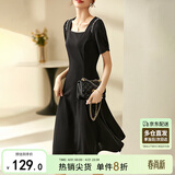 尚都比拉短袖连衣裙女夏季时尚通勤中长款a字裙钉珠收腰显瘦裙子 黑色 L