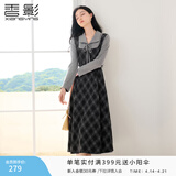 香影复古格子假两件连衣裙女2026春季新款收腰拼接学院风中长裙子 深灰 L 165/88A/110-125斤