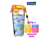 GLASSLOCK 韩国进口玻璃水杯加厚可爱情侣杯随手杯可爱透明茶杯 无刻度钢化玻璃橙色带绳附杯套450ml