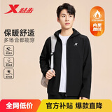 特步外套加绒连帽男子防泼水保暖户外运动双层风衣简约百搭