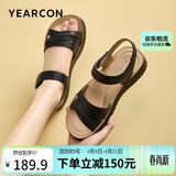 意尔康凉鞋女真皮软底魔术贴舒适坡跟中老年妈妈凉鞋 18061W 黑色 36