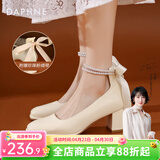 达芙妮高跟鞋女单鞋2026春季法式玛丽珍鞋蝴蝶结淑女小皮鞋粗跟女鞋婚鞋 珍珠米白【蝴蝶结】跟高 5.5cm 39