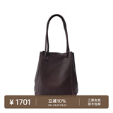 裘真008水桶包女斜挎通勤大容量真皮复古小众植鞣牛皮包包 咖啡色-小号