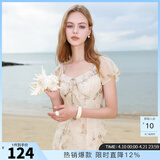 三彩2025夏季新款木耳边荷叶袖蝴蝶印花雪纺连衣裙大摆长裙M 杏色花卉 L 165/88A