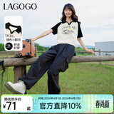 LAGOGO撞色翻领短袖T恤女拉谷谷春季新款休闲透气插肩短款上衣 米黑(TW) S