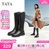 他她（TATA）黑色V口长筒靴女英伦加绒抗寒高筒靴骑士靴冬季G5JA1DG2 黑色（绒里） 39
