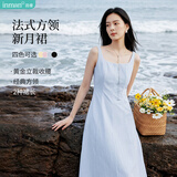 茵曼（INMAN）法式方领收腰显瘦吊带连衣裙女装2026夏季新品裙子 蓝色 M