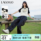 LAGOGO撞色翻领短袖T恤女拉谷谷春季新款休闲透气插肩短款上衣 米黑(TW) S
