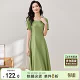 尚都比拉短袖连衣裙女夏季时尚通勤中长款a字裙钉珠收腰显瘦裙子 绿色 XL