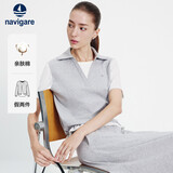 Navigare小帆船假两件V字翻领上衣2026新款女士宽松撞色短袖T恤2325536504