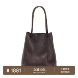 裘真008水桶包女斜挎通勤大容量真皮复古小众植鞣牛皮包包 咖啡色-大号