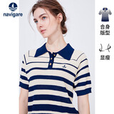 Navigare小帆船女士POLO领短袖挺括条纹休闲针织衫2324524511