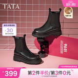 他她（TATA）英伦风切尔西靴女显瘦加绒厚底烟筒靴时装靴冬新GXB01DD4 黑色（绒里） 38