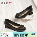 红蜻蜓春夏女士粗跟小香风皮鞋职业通勤妈妈鞋高跟鞋WFB31540 黑色 38