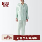 MUJI 女式 无侧缝双层纱织睡衣女士家居服春秋纯棉条纹格纹长袖 女款 淡绿色条纹 S (上装155/80A下装155/62A)