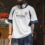 马登工装美式复古男士短袖polo衫运动足球上衣服印花v领薄款t恤 米白色 【半袖衫男款/青少年体恤/世界杯足球队服】 L