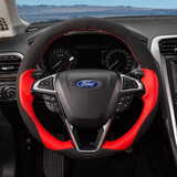 适用于福特新蒙迪欧真牛皮手缝方向盘套经典福克斯/福睿斯/锐界翼虎/博金牛座探险者汽车改装把套四季通用 磨砂+红色皮