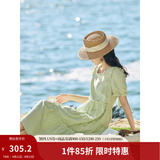 茵曼（INMAN）七七同款连衣裙2026夏女装新款田园纯棉提花方领A字泡泡袖蛋糕裙 淡绿色 74.6%粘纤 25.4%棉  L