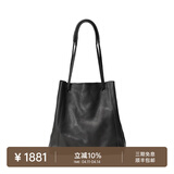 裘真008水桶包女斜挎通勤大容量真皮复古小众植鞣牛皮包包 黑色-大号