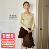 Olrain欧芮儿法式斜肩针织T恤女装春季新款荡领系带长袖上衣 黄色 M