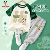 巴布豆（BOBDOG）儿童套装2026新款夏季童装帅气纯棉短袖男童速干裤子夏装白+灰150