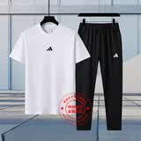 阿迪达斯（adidas）短袖长裤运动套装 2026夏季新款跑步健身纯棉透气T恤休闲梭织长裤 纯棉白T+梭织长裤 S/175