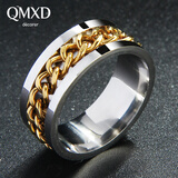 QMXD 欧美复古霸气戒指男士个性潮人单身学生龙纹指环礼物学生戒 金色链条戒