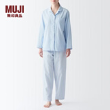 MUJI 女式 无侧缝双层纱织睡衣女士家居服春秋纯棉条纹格纹长袖 女款 浅蓝色条纹 L (上装165/88A下装165/70A)