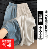 莱赛尔天丝牛仔裤女裤子夏季薄款小个子松紧腰直筒宽松冰丝阔腿裤 蓝色【小个子】 L  适合126-140斤