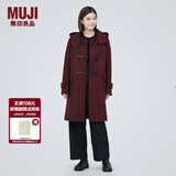 MUJI女式 羊毛混牛角扣大衣长款连帽毛呢呢子外套秋冬季外衣女装 深紫红色 L (165/88A)