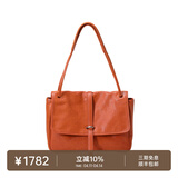 裘真复古001邮差包女单肩通勤大容量斜挎包植鞣头层牛皮包 焦糖色-大号