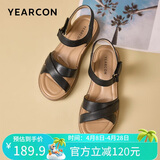 意尔康皮鞋女软底坡跟平底鞋中年妈妈魔术贴皮凉鞋 18075W 黑色 38