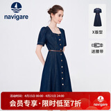 纳维凯尔意大利小帆船女士复古方领牛仔裙短袖连衣裙2322874526 蓝 XL 