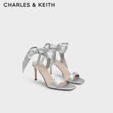 CHARLES&KEITH一字带缎面蝴蝶结绑带高跟凉鞋子女鞋生日礼物送女友CK1-61720177 Silver银色 37