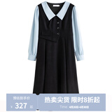 独束大码女装假两件撞色衬衫领连衣裙女秋冬微胖mm文艺复古穿搭裙子 墨染黑【适合160左右】 2XL