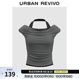 UR2026春季新款女装简约气质一字领挂脖褶皱短袖T恤UWJ450133 深灰花灰 XL