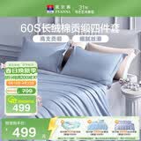 富安娜床上四件套60S长绒棉纯色套件100%纯棉床单被套 双人加大230×229cm 蓝