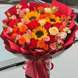维尔斯小时达鲜花同城配送百合康乃馨玫瑰花束送母亲朋友生日节日礼物 【幸福美满】1 1朵红玫红康+3支向日葵