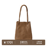 裘真008水桶包女斜挎通勤大容量真皮复古小众植鞣牛皮包包 大象灰-小号