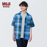 MUJI 男式 马德拉斯格纹 开领短袖衫 男士衬衫衬衣外套 格子 纯棉全棉 蓝色格纹 L(175/100A)
