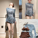 南木熊比基尼泳衣女2026新款绝美分体水乐园小胸显瘦纯欲风罩衫海边度假 蓝棕波点三件套【泳衣80-115斤】