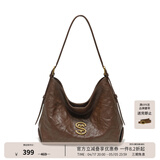 西木汀 狂想日记 牛皮单肩托特包女大容量时尚通勤斜挎包 巧克力色小号