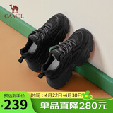 骆驼（CAMEL）老爹鞋女网布皮面拼接双系带厚底休闲鞋 L24S283079 黑色 35